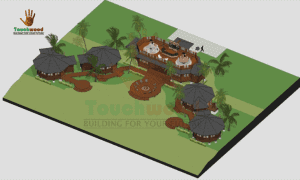 3D visualization of a beachfront restaurant pavilion with open-air dining, designed using Merbau hardwood and ironwood roofing
