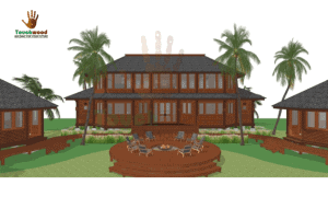 Aerial 3D design of island resort built with hardwood by Touchwood, showing the overall spatial layout and coastal positioning