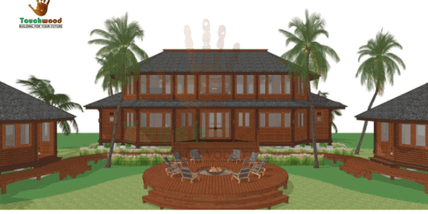 Aerial 3D design of island resort built with hardwood by Touchwood, showing the overall spatial layout and coastal positioning