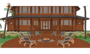 Full masterplan view of a timber resort designed by Touchwood, including restaurant, guest rooms, and connecting walkways