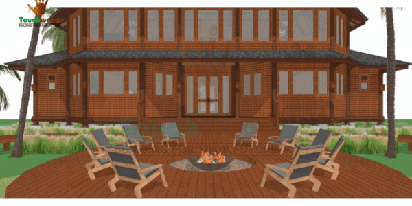 Full masterplan view of a timber resort designed by Touchwood, including restaurant, guest rooms, and connecting walkways