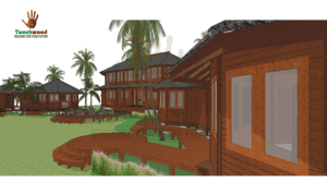 Touchwood’s architectural rendering of a luxury island retreat, combining guest bungalows and shared spaces with sustainable timber design
