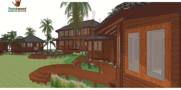 Touchwood’s architectural rendering of a luxury island retreat, combining guest bungalows and shared spaces with sustainable timber design