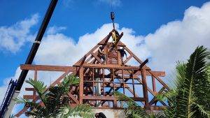 Skilled crew from Touchwood working on Merbau wood roof installation in Seychelles